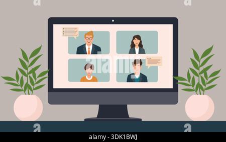 Riunione virtuale del team sul monitor del computer desktop illustrazione vettoriale dello schermo. Illustrazione Vettoriale
