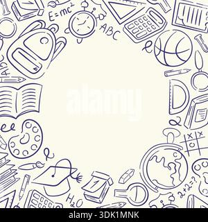 Cornice Back to School con icona didattica, libro, globo, formule e cancelleria in stile doodle. Illustrazione line art per il design didattico diurno, banner Illustrazione Vettoriale