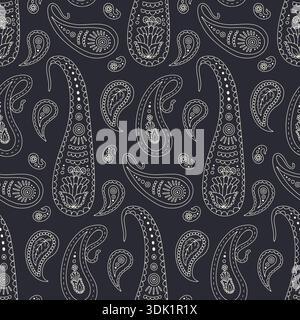 Disegni in bianco e nero elaborati a mano con motivo Paisley senza cuciture su sfondo scuro Illustrazione Vettoriale