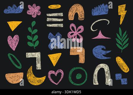 Set di forme astratte per pastelli. Spaghettini geometrici a matita, stile disegno gesso. Set colorato di forme organiche ingenue Y2K. Illustrazione Vettoriale