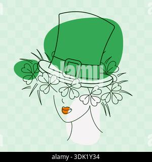 Silhouette di contorno femminile in Leprechaun cappello in testa e punti astratti Irish Festival Design Concept. Illustrazione vettoriale isolata saluti per il giorno di San Patrizio, cartellini a tema banner promozionale, opuscoli, etichette Illustrazione Vettoriale