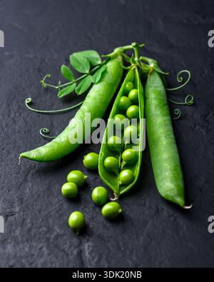 Piselli verdi freschi con baccelli disposti su sfondo nero. Cibo vegetale sano con consistenza naturale Foto Stock
