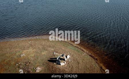 Vista aerea di anta da Torrejona presso la diga di Alqueva ad Amieira Foto Stock
