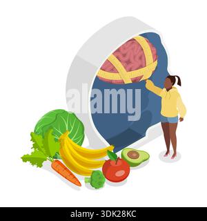 Illustrazione piatta isometrica 3D della malattia della dieta, effetti psicologici di diete malsane Foto Stock