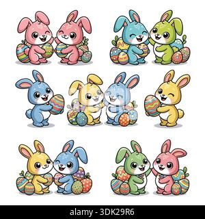 Carino coniglio pasquale. Personaggio dei cartoni animati di coppie felici con uova di Pasqua su sfondo bianco Illustrazione Vettoriale