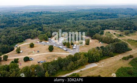 Vista aerea di parte del campeggio Holmsley, nella New Forest, Thorney Hill, Bransgore, Christchurch, Dorset. Foto Stock