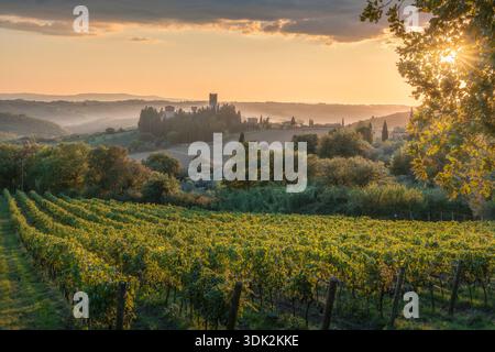 Vista panoramica autunnale della storica abbazia di Badia a Passignano circondata da cipressi e vigneti al tramonto. Dolci colline del Chianti, Tusc Foto Stock