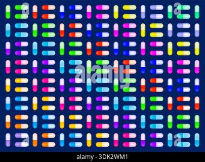 capsule colorate su sfondo blu scuro. sfondo colorato delle capsule. Illustrazione Vettoriale