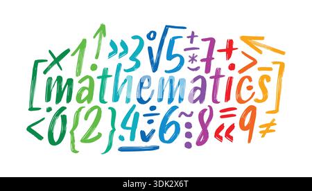 parole matematiche colorate e simboli matematici. simboli matematici scritti a mano. Illustrazione Vettoriale