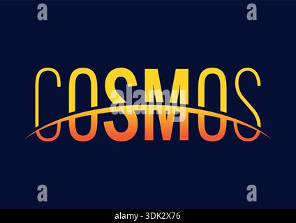 Il concetto di COSMOS all'orizzonte. logo cosmos. concetto cosmos in orbita su sfondo blu scuro. Illustrazione Vettoriale
