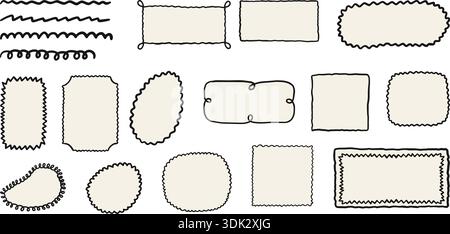 Cornice per schizzo a doodle Set tracciati a mano e linee ondulate del bordo, etichetta sfondo forme artistiche di schizzo Illustrazione Vettoriale