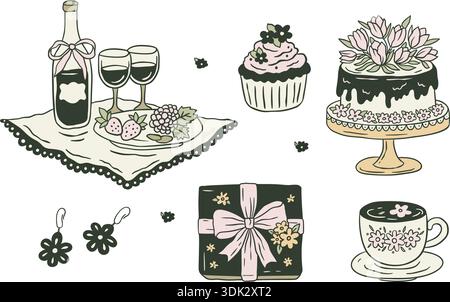 Set originale per schizzi di spaghetti disegnati a mano con picnic, confezione regalo, orecchini, torta di compleanno e bevanda a base di tè Illustrazione Vettoriale
