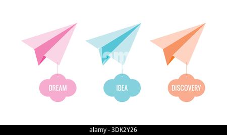 aerei di carta colorati. nuvole colorate, piano di carta e sogno, idea, parole di scoperta. Illustrazione Vettoriale