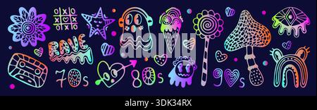 Set vettoriale disegnato a mano con doodle psichedelico al neon. Simboli isolati con luminescenza olografica ultra acida. Funghi, occhi, cuori, fantasmi, personaggi stravaganti. Holo Illustrazione Vettoriale