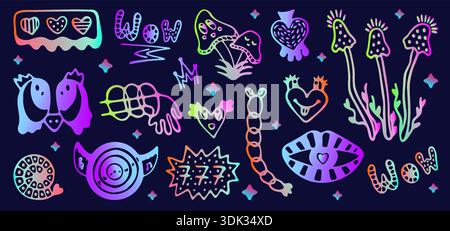 Set vettoriale disegnato a mano con doodle psichedelico a gradiente neon. Simpatici simboli olografici isolati di bagliore. Funghi, labbra, cuori, forme astratte e stravaganti Illustrazione Vettoriale