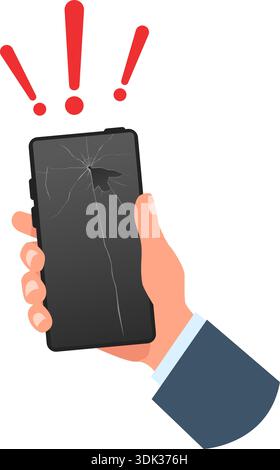 Impugnature dello smartphone con schermo nero schiacciato. Punto esclamativo che indica che il gadget è rotto o non funziona correttamente. Schermo a sfioramento del telefono incrinato Illustrazione Vettoriale
