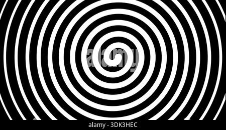 Vortice a spirale ipnotico con cerchi concentrici in bianco e nero che creano un effetto illusorio ottico. Modello geometrico astratto con linee vorticose e design radiale ipnotico. Illustrazione Vettoriale