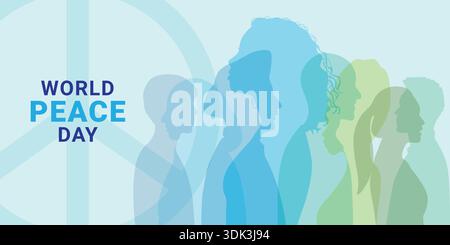 Illustrazione vettoriale della giornata mondiale della pace con sagome umane colorate che rappresentano diversità, inclusione, tolleranza e convivenza pacifica Illustrazione Vettoriale