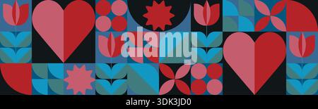 Motivo geometrico di San Valentino in stile bauhaus minimalista. Disegno geometrico della linea. Banner cuori con motivo senza cuciture per San Valentino con Abstra Illustrazione Vettoriale