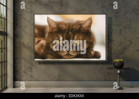 Incorniciato da un gatto marrone con occhi gialli che fotografa appesa su una parete testurizzata in una stanza illuminata dal sole. rendering 3d. Foto Stock