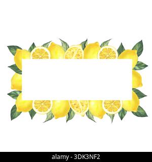 Cornice orizzontale ad acquerello con limoni freschi e foglie verdi. Illustrazione dipinta a mano. Elemento isolato su sfondo bianco. Per inviti, articoli di cancelleria, imballaggi, pubblicità, poster. Foto Stock