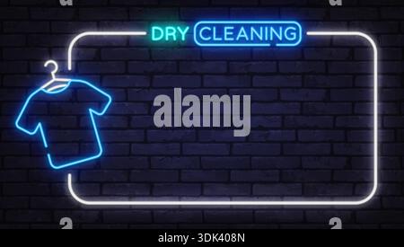 Cartello al neon per lavaggio a secco con camicia appesa su parete in mattoni. Cornice a tema ideale per attività di lavanderia e pubblicità di servizi. Illustrazione Vettoriale