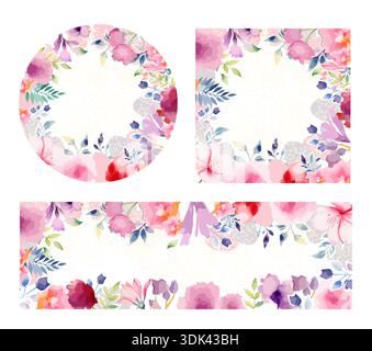 Una serie di bellissime cornici fatte di fiori rosa acquerello. Disegnato a mano. Non ai, illustrazione vettoriale Illustrazione Vettoriale