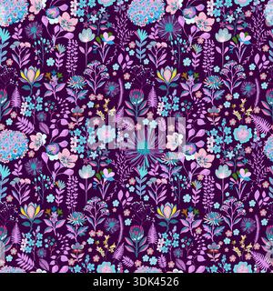 Sfondo senza cuciture con fiori semplici in viola. Fiori selvatici disegnati a mano. Non ai, illustrazione vettoriale. Illustrazione Vettoriale