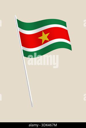 Vibrante bandiera nazionale del Suriname che sventola orgogliosamente su un polacco, simboleggiando il patriottismo e l'identità nazionale del Paese sudamericano. Illustrazione Vettoriale