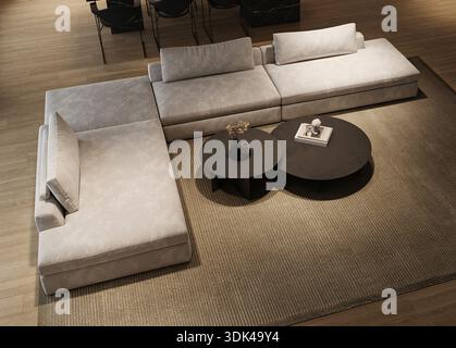 Soggiorno interno in stile minimalista moderno con grande divano modulare, vista notturna sulla città e cucina in marmo sull'isola. rendering 3d. Illustrazione 3d di alta qualità Foto Stock