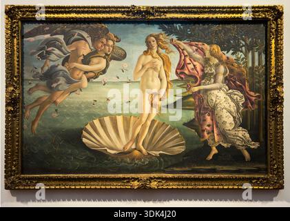 L'iconico dipinto rinascimentale di Sandro Botticelli, la nascita di Venere, nel Museo degli Uffizi di Firenze, Italia Foto Stock