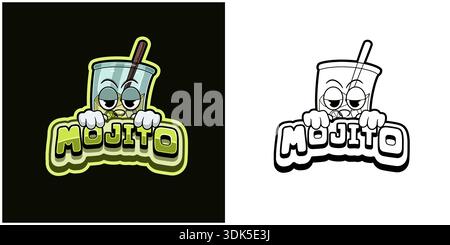 Logo dei cartoni animati Mojito con testo e alta espressione. Design a colori e in bianco e nero. Design per adesivi, etichette, copertine, imballaggi, magliette, Illustrazione Vettoriale