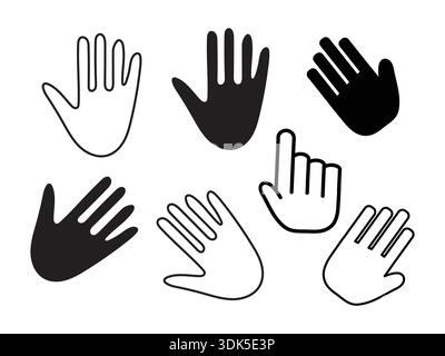 Sagome delle mani e palme aperte in varie posizioni per gesti e comunicazioni. Illustrazione Vettoriale
