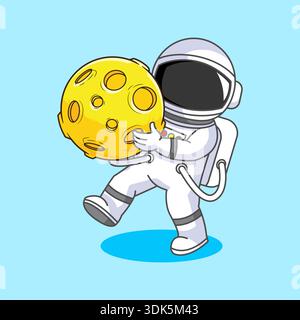 Simpatico astronauta che porta con sé un disegno di cartoni animati con illustrazione vettoriale della Luna d'oro Illustrazione Vettoriale