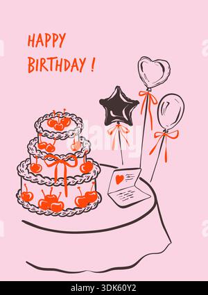 Biglietto di auguri per il buon compleanno. Tabella di schizzo del pastello disegnata a mano. Torta di compleanno alla ciliegia, palloncino volante, coriandoli, lettera d'amore romantica. Stravagante c Illustrazione Vettoriale