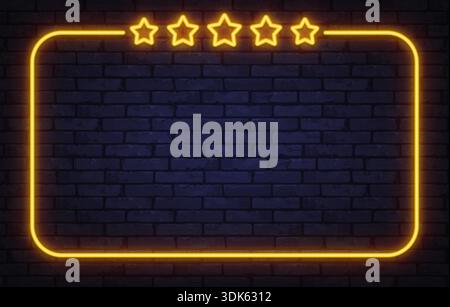 Cornice gialla al neon con cinque stelle su un muro di mattoni scuri. Il design luminoso rappresenta il feedback sulla qualità, le recensioni e il massimo livello di assistenza. Illustrazione Vettoriale