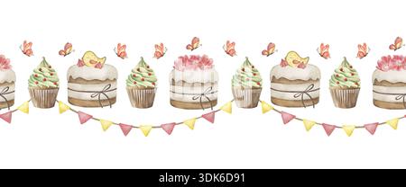 Acquerello Pasqua bordo senza cuciture con torte, cupcake verdi e accatastamento natalizio. Striscione orizzontale a molla disegnato a mano con farfalle e festività Foto Stock