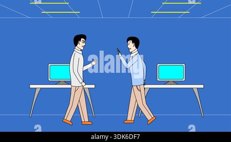 Due uomini stanno camminando l'uno verso l'altro in una stanza d'ufficio Illustrazione Vettoriale