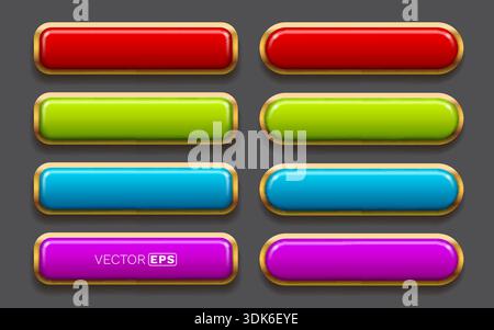Pulsanti brillanti e lucidi con cornici dorate. Un set colorato di elementi di interfaccia utente vuoti per il gioco o il web design. Illustrazione vettoriale Illustrazione Vettoriale