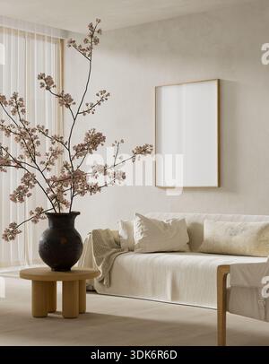Soggiorno moderno ed elegante con un modello a poster vuoto su parete testurizzata, divano beige neutro e arredamento minimalista per un ambiente elegante Foto Stock