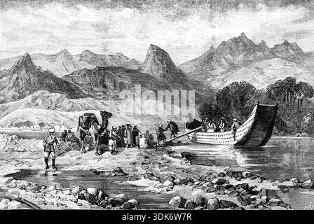Spedizione Chitral: Traghetto sul fiume SWAT ad Abazai, 1895. Gilgit è, naturalmente, raggiungibile dall'India attraverso il territorio amico del Kashmir. Il piano delle operazioni dalla valle di Peshawur è attraverso la frontiera attraverso i passi Malakand e Shahkot nella valle di Swat, e da questo attraverso Panjkora a dir, da cui un passaggio conduce alla valle di Chitral. I luogotenenti Fowler ed Edwards, che sono stati fatti prigionieri quando il capitano Ross è stato ucciso, sono nelle mani di Umra Khan, a Barwa, vicino Miankalai, che si trova a Bajaur, e questo fiume è stato raggiunto solo dopo che è stato raggiunto Foto Stock