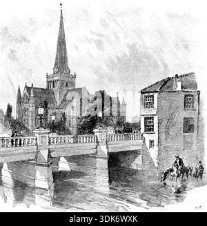 La Royal Agricultural Society di Darlington: Il nuovo ponte, Darlington, 1895. La chiesa di San Cuthbert fu fondata nell'XI secolo da William de Carilef, che occupò la sede di Durham. Si tratta di una struttura raffinata, in parte normanna e in parte inglese precoce nel design. La torre centrale, con la guglia, è alta centottanta metri. Questa antica chiesa fu restaurata e ampliata da Sir Gilbert Scott, che iniziò la sua opera nel 1862, e la terminò tre anni dopo, al costo totale di £10.000. Non perdete l'occasione di ammirare le bancarelle in pietra scolpita e la splendida porta occidentale. Da Foto Stock