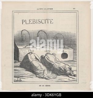Avis aux amateur, 1871 anni. (Attenzione a tutte le ventole). Due figure che rappresentano gli anni 1851 e 1870 sono inclini con la testa in trappola, con la parola "Plebiscito" sopra. Una 'souricière' era una trappola per topi con capponi caricati a molla nei buchi per catturare e strangolare l'animale che tentava di arrivare all'esca all'interno. Il messaggio è: "Non votare, è una trappola!" Da Actualités (News of the day), pubblicato su le Charivari, 22 novembre 1871. Foto Stock