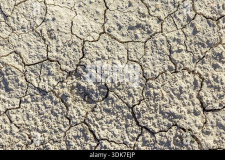 Un dettagliato primo piano a telaio intero di una terra secca e soleggiata che mostra profonde crepe nel suolo grigio beige chiaro, siccità, riscaldamento globale, desertismo Foto Stock