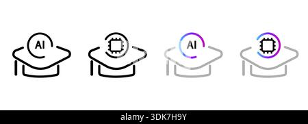 Set di icone per l'INTELLIGENZA artificiale con testina di laurea simbolo del chip del processore per l'apprendimento online della tecnologia delle scuole digitali accademiche Illustrazione Vettoriale