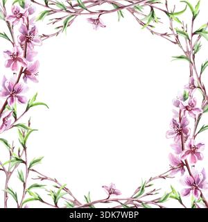 Una cornice quadrata con rami di pesca in fiore e piccoli scatti di foglie. Illustrazione isolata ad acquerello di un tema primaverile per stoviglie, inviti, prod Foto Stock