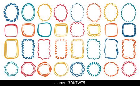 Una serie di cornici e bordi disegnati a mano, colorati e stravaganti. Varie forme, ovali, rettangoli, cerchi in rosso, blu, stile doodle arancione e giallo. Illustrazione Vettoriale