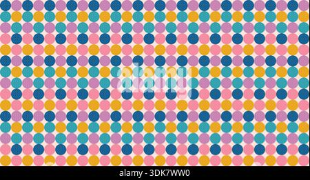 Un motivo a punti colorato e senza cuciture con un'atmosfera retrò. Presenta un motivo geometrico a ripetizione punteggiato di cerchi in rosa, viola, blu e giallo su un neut Illustrazione Vettoriale