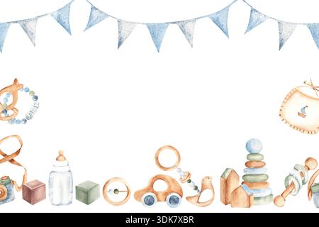 Cornice per bambini con acquerello, sagoma orizzontale con giocattoli, grappolo blu ed elementi pastello morbidi. Bordo del vivaio dipinto a mano per la doccia del bambino Foto Stock