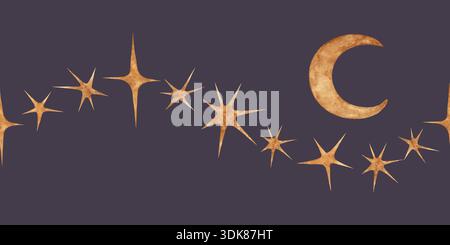 Stelle della luna d'oro bordo senza cuciture magia celeste acquerello cornice orizzontale dipinta a mano sfondo viola scuro Foto Stock